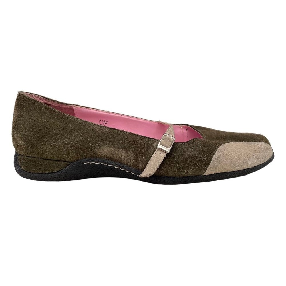 Pazzo Riva Green Beige Suede Leather Mary Jane Flat Shoes Womens Sz 7.5 M Casual